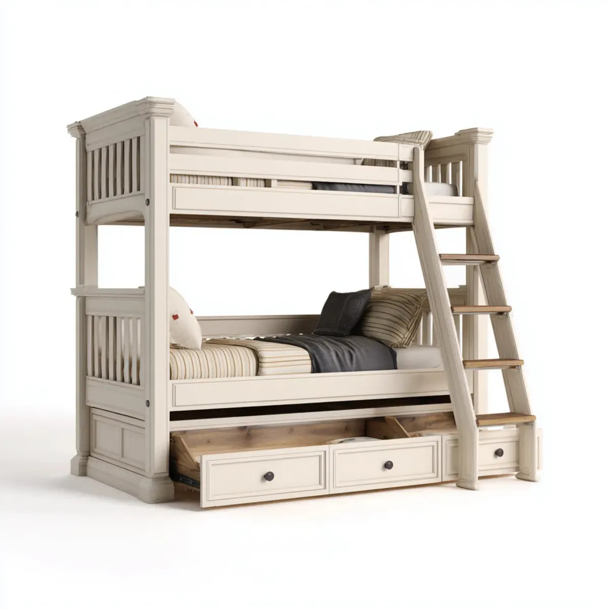 Letto a castello per bambini avorio in legno massello di pino 208 x 150 x 180 cm con scala e cassetti