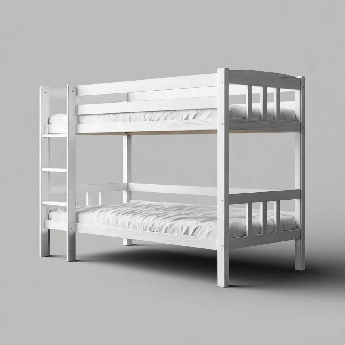 Letto a castello singolo bianco in legno di pino massello 90 x 200 cm con scala laterale