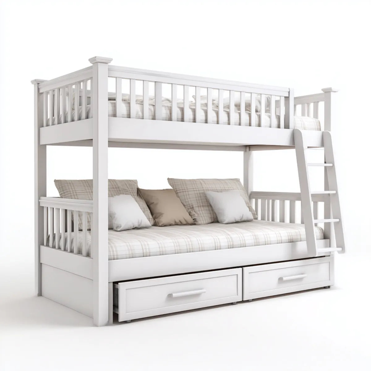 Letto a castello bianco in legno massello di pino con letto inferiore matrimoniale 140 x 200 cm letto superiore singolo 90 x 200 cm scala e 2 cassetti