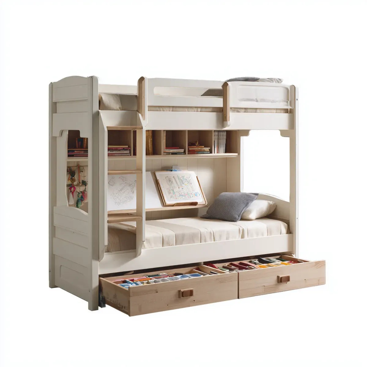 Letto a castello per bambini crema e naturale 198 x 96 x 180 cm in pino massello e MDF con scrivania mensole e 2 cassetti rettangolare