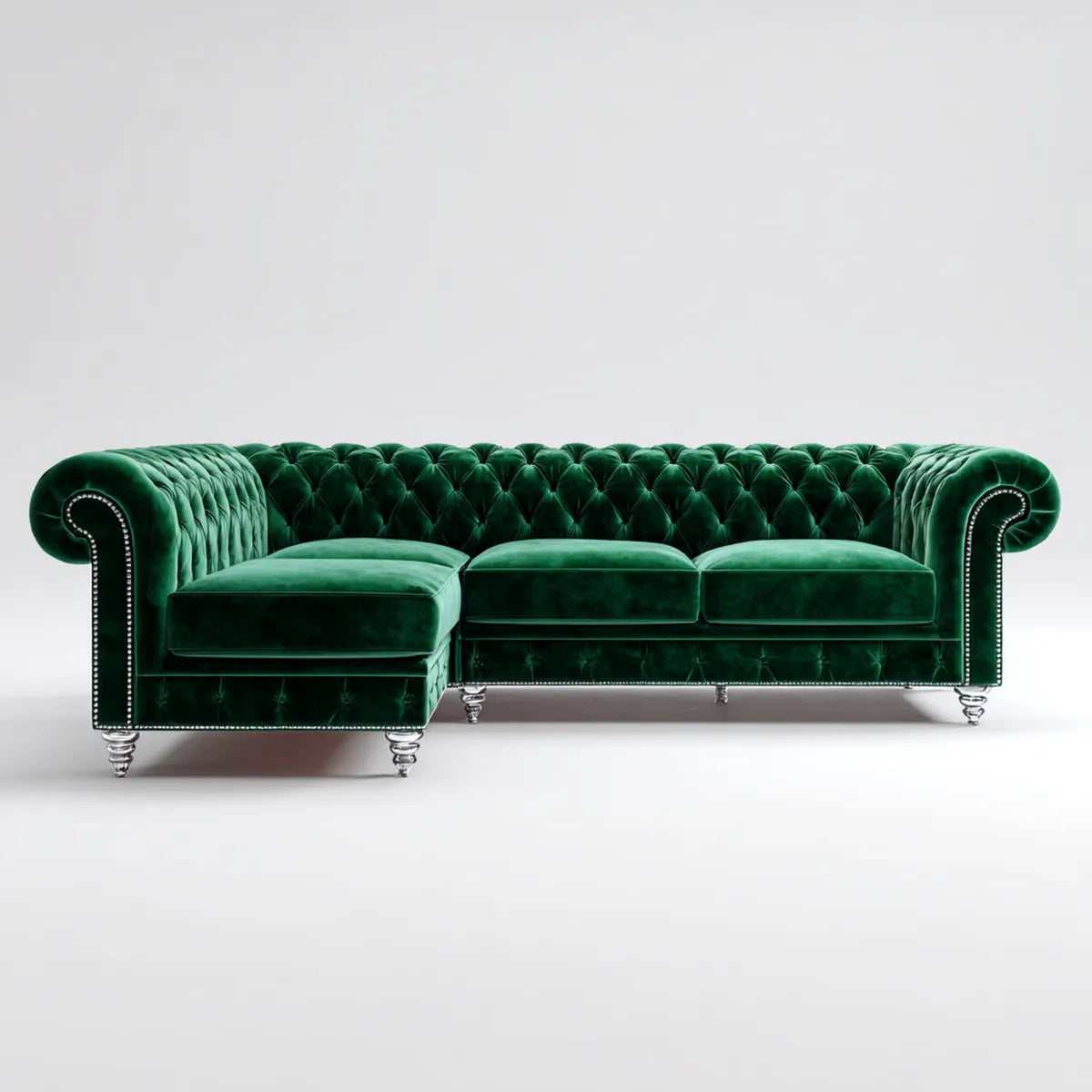 Divano angolare Chesterfield 3 posti verde in velluto di poliestere con chaise longue sinistra 270 x 170 x 78 cm