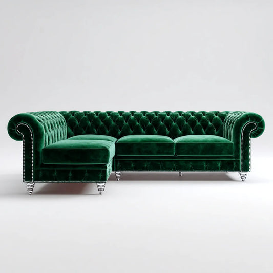 Divano angolare Chesterfield 3 posti verde in velluto di poliestere con chaise longue sinistra 270 x 170 x 78 cm