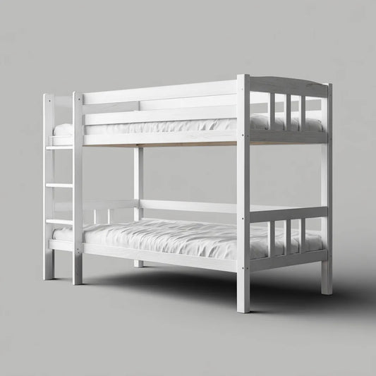 Letto a castello singolo bianco in legno di pino massello 90 x 200 cm con scala laterale