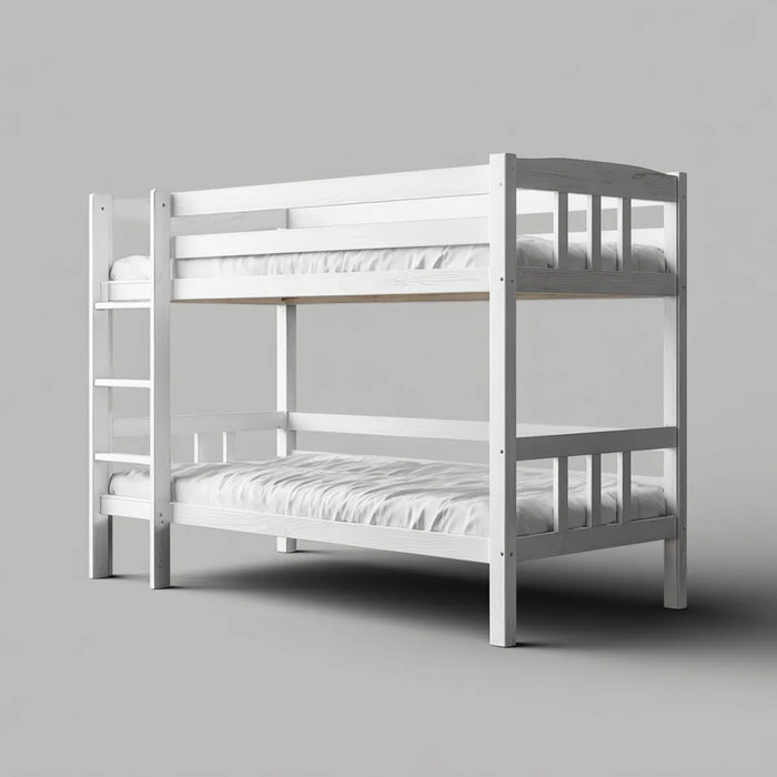 Letto a castello singolo bianco in legno di pino massello 90 x 200 cm con scala laterale