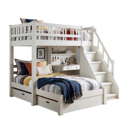 Letto a castello con scrivania e scala bianco 90 x 200 cm e 140 x 200 cm in legno massello di pino rettangolare