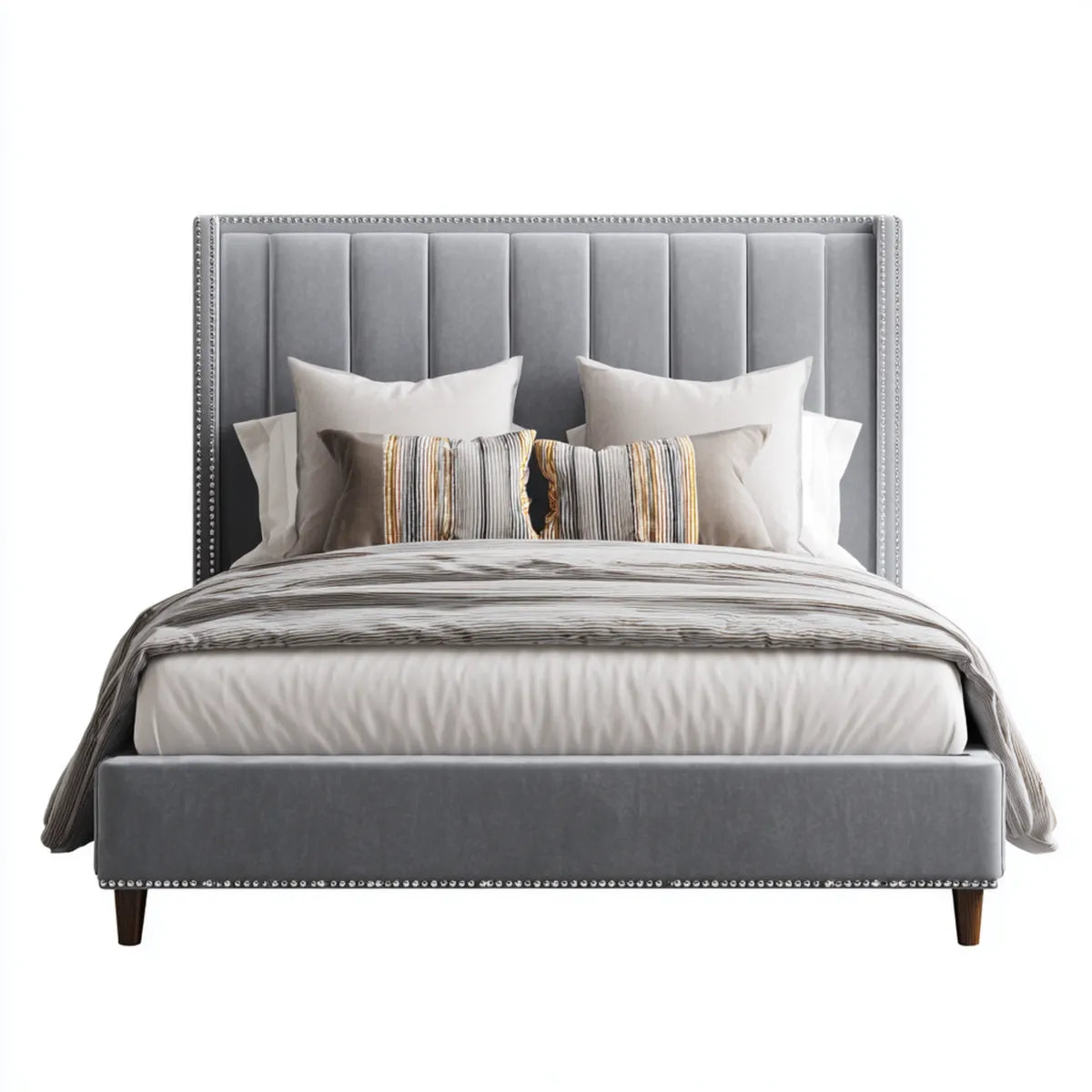 Letto matrimoniale imbottito grigio in velluto di poliestere 160 x 200 cm con testiera rettangolare