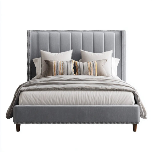 Letto matrimoniale imbottito grigio in velluto di poliestere 160 x 200 cm con testiera rettangolare