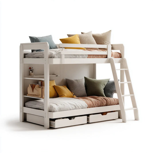 Letto a castello bianco 90 x 200 cm in pino massello rettangolare con scala cassetti e mensole