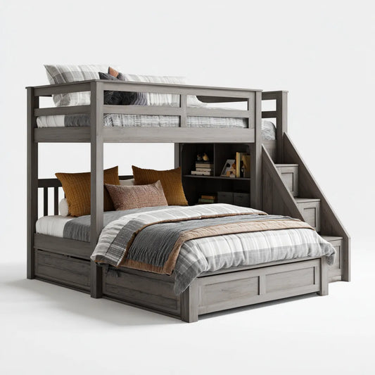 Letto a castello con scala contenitore grigio 140 x 200 cm e 90 x 200 cm in legno massello di pino rettangolare