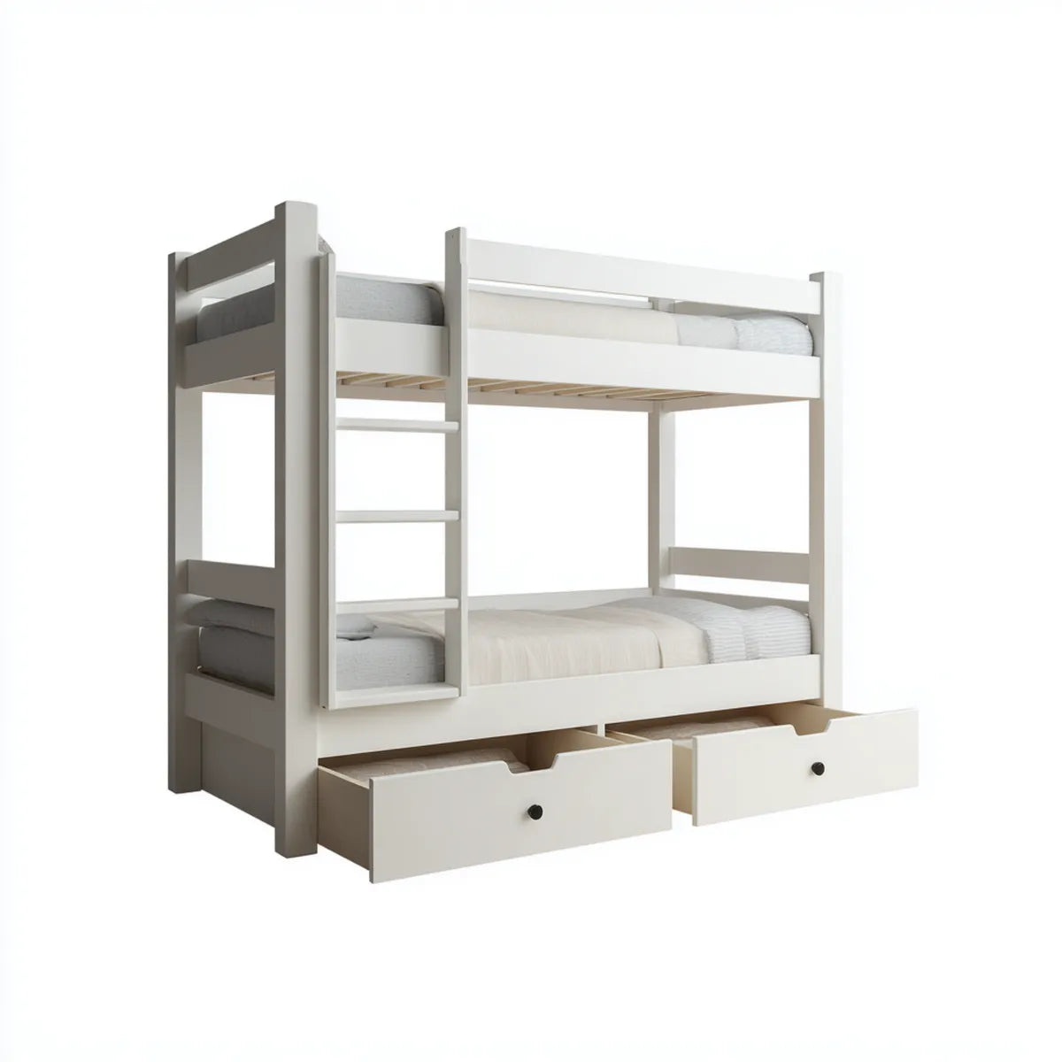 Letto a castello con scala e 2 cassetti bianco grigio in legno massello 210 x 100 x 170 cm