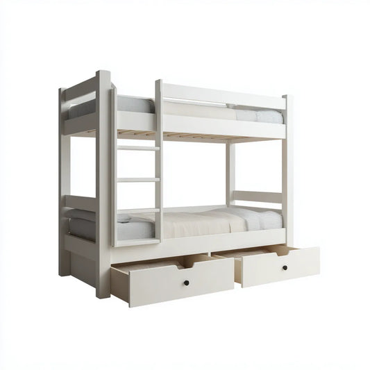 Letto a castello con scala e 2 cassetti bianco grigio in legno massello 210 x 100 x 170 cm