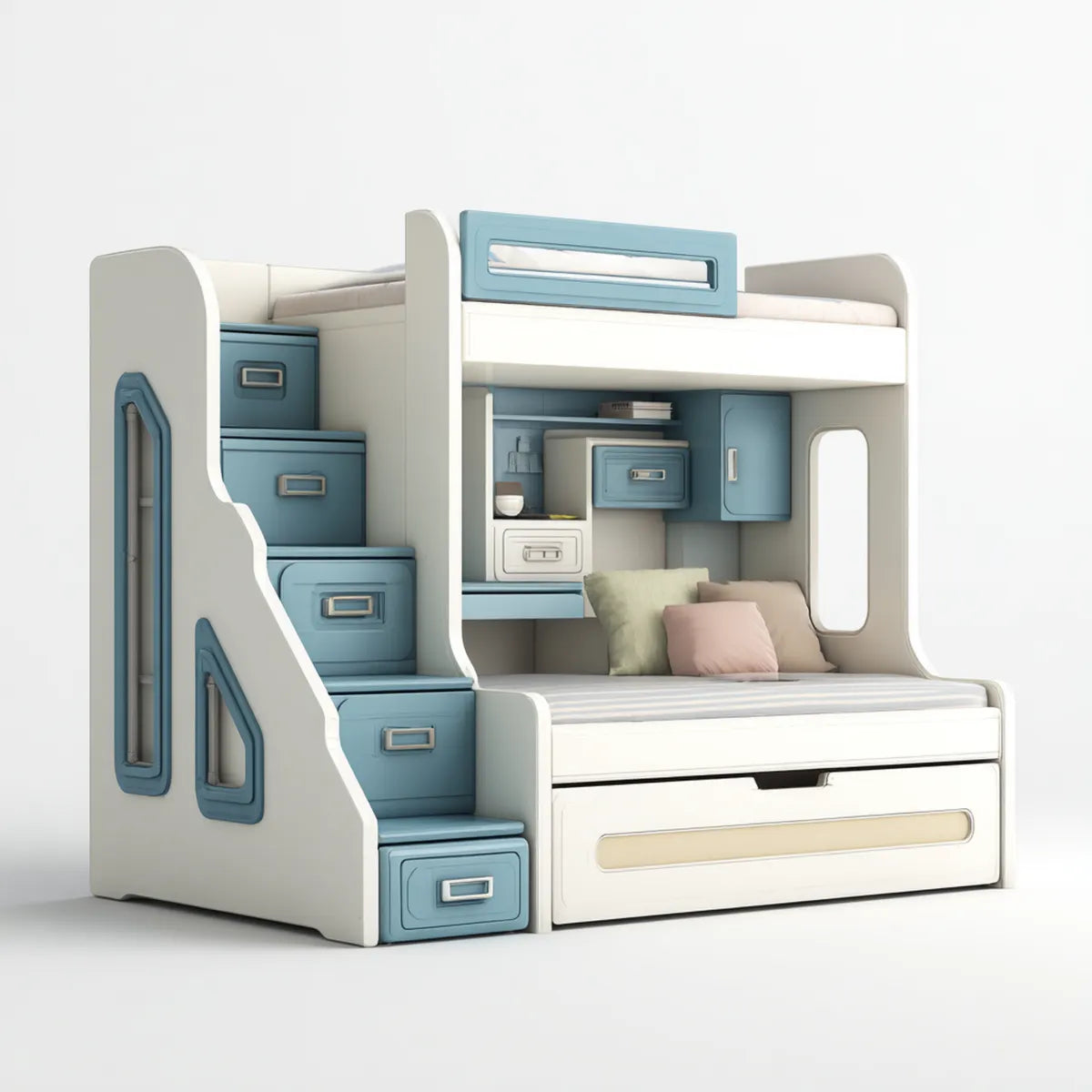 Letto a castello per bambini bianco e azzurro 244 x 105 x 180 cm in pino massello e MDF con scala a cassetti