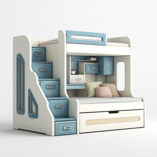 Letto a castello per bambini bianco e azzurro 244 x 105 x 180 cm in pino massello e MDF con scala a cassetti