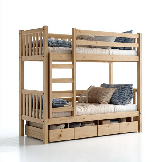 Letto a castello con scala e 4 cassetti in pino massello naturale 90 x 200 cm