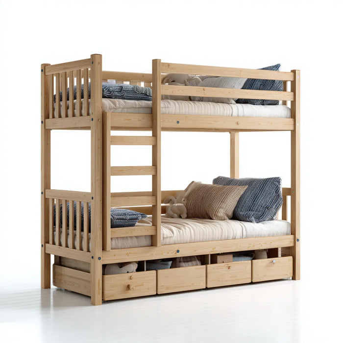 Letto a castello con scala e 4 cassetti in pino massello naturale 90 x 200 cm