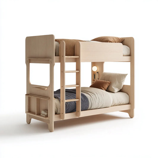 Letto a castello per bambini naturale in legno massello di pino con scala e ripiani 208 x 100 x 170 cm