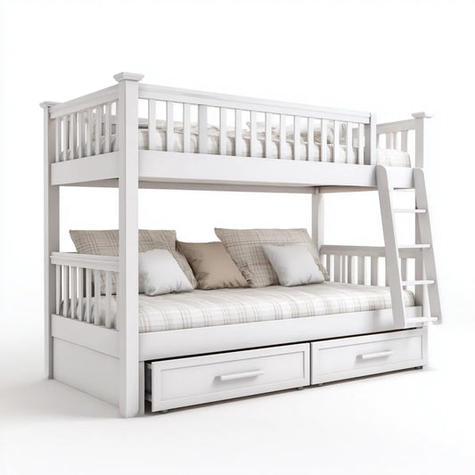 Letto a castello bianco in legno massello di pino con letto inferiore matrimoniale 140 x 200 cm letto superiore singolo 90 x 200 cm scala e 2 cassetti