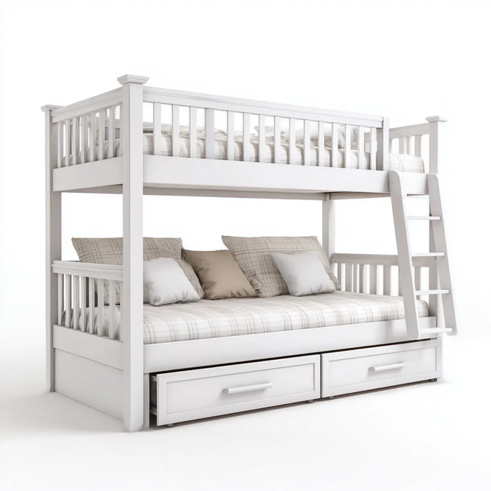 Letto a castello bianco in legno massello di pino con letto inferiore matrimoniale 140 x 200 cm letto superiore singolo 90 x 200 cm scala e 2 cassetti