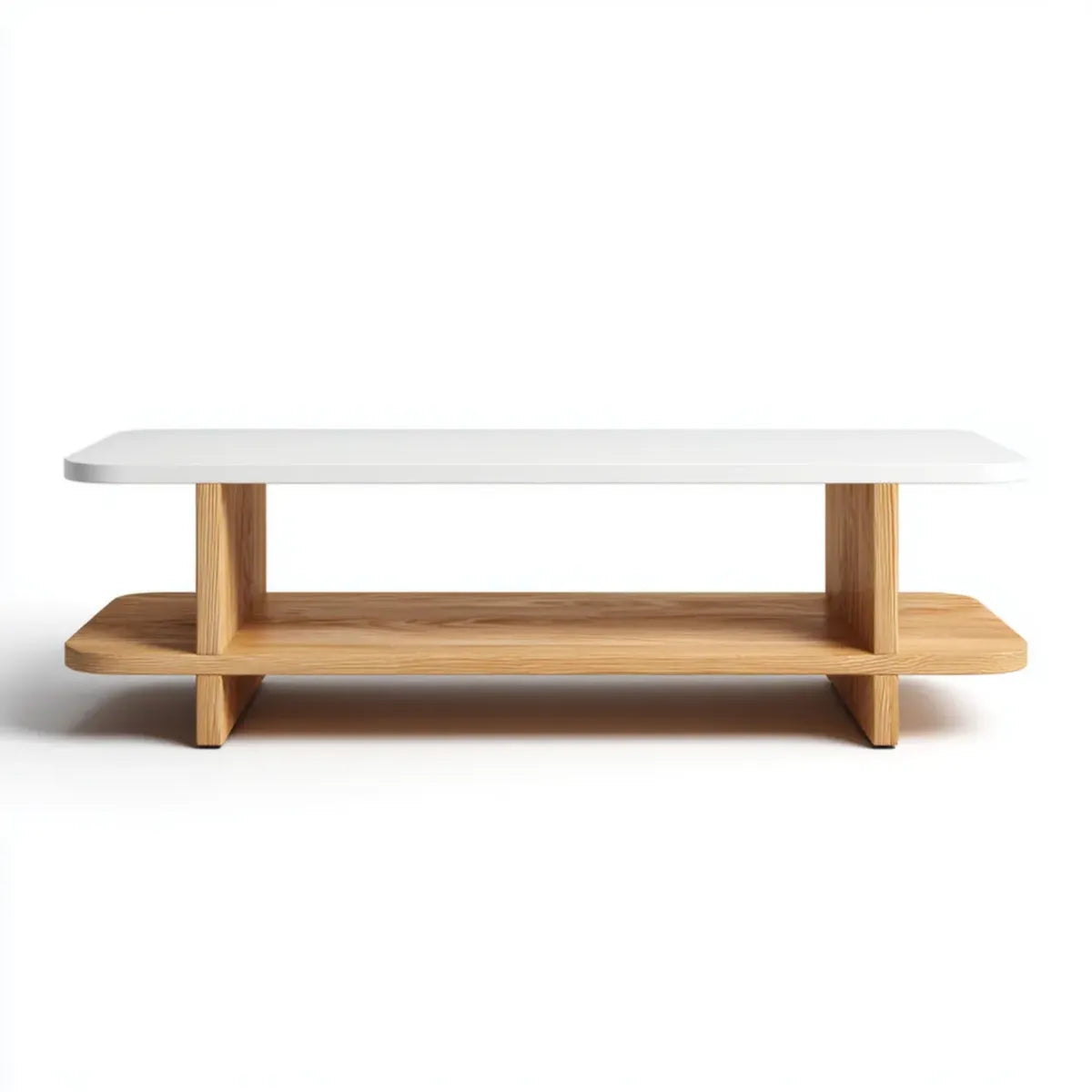 Mobile TV bianco e naturale 140 x 40 x 45 cm in MDF e legno massello di pino rettangolare con ripiano