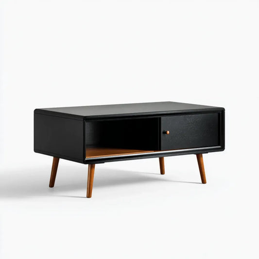 Mobile TV con vano e anta scorrevole nero noce 100 x 40 x 55 cm in MDF e legno massello rettangolare