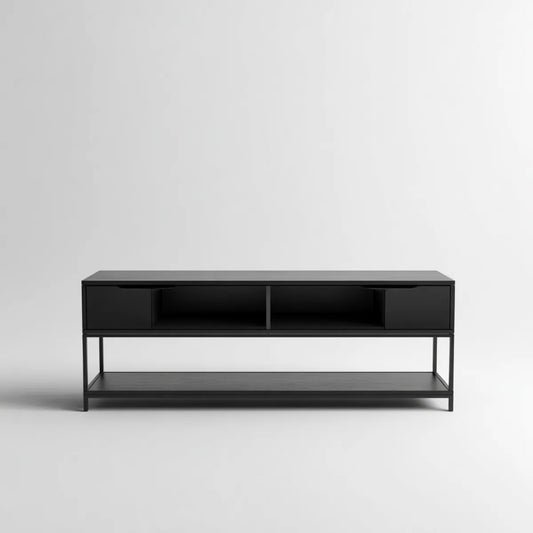 Mobile TV nero con 2 cassetti 2 vani aperti e ripiano inferiore in MDF e acciaio 160 x 40 x 65 cm rettangolare